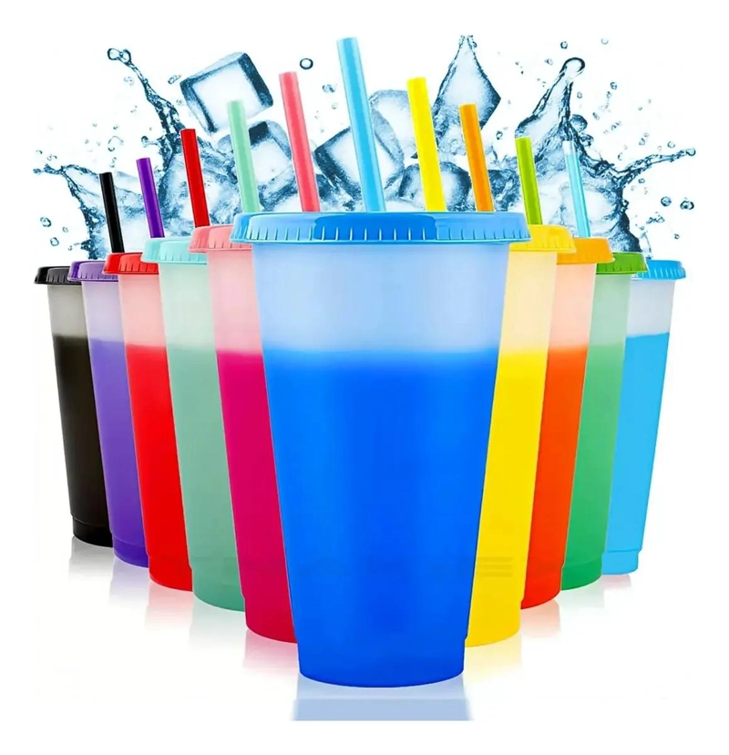 SET 10 VASOS CAMBIA COLOR 710ML CON TAPA Y POPOTE - 1
