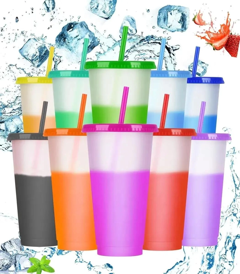 SET 10 VASOS CAMBIA COLOR 710ML CON TAPA Y POPOTE - 2