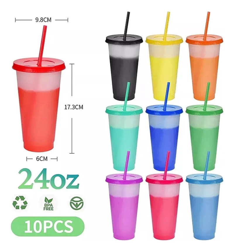SET 10 VASOS CAMBIA COLOR 710ML CON TAPA Y POPOTE - 4