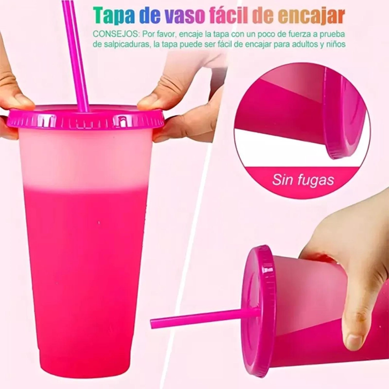 SET 10 VASOS CAMBIA COLOR 710ML CON TAPA Y POPOTE - 5