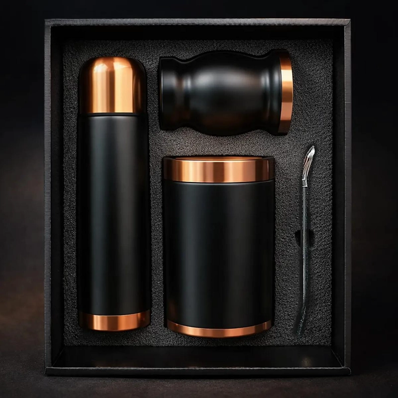 SET DE MATE NEGRO Y COBRE CON BOLSO ACERO INOXIDABLE - 1