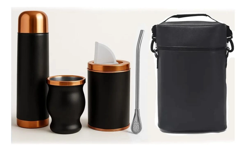 SET DE MATE NEGRO Y COBRE CON BOLSO ACERO INOXIDABLE - 2