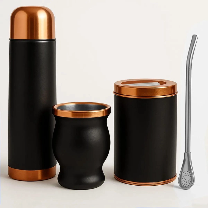 SET DE MATE NEGRO Y COBRE CON BOLSO ACERO INOXIDABLE - 3