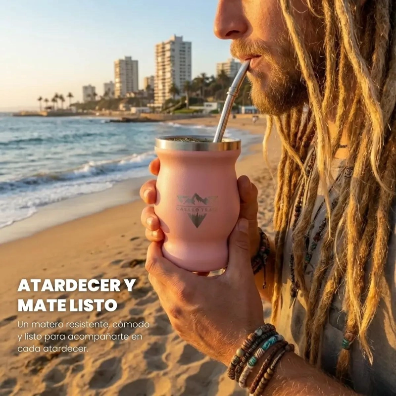 SET 2 VASOS MATEROS 240 ML CON BOMBILLA ACERO INOX ROSA - 1