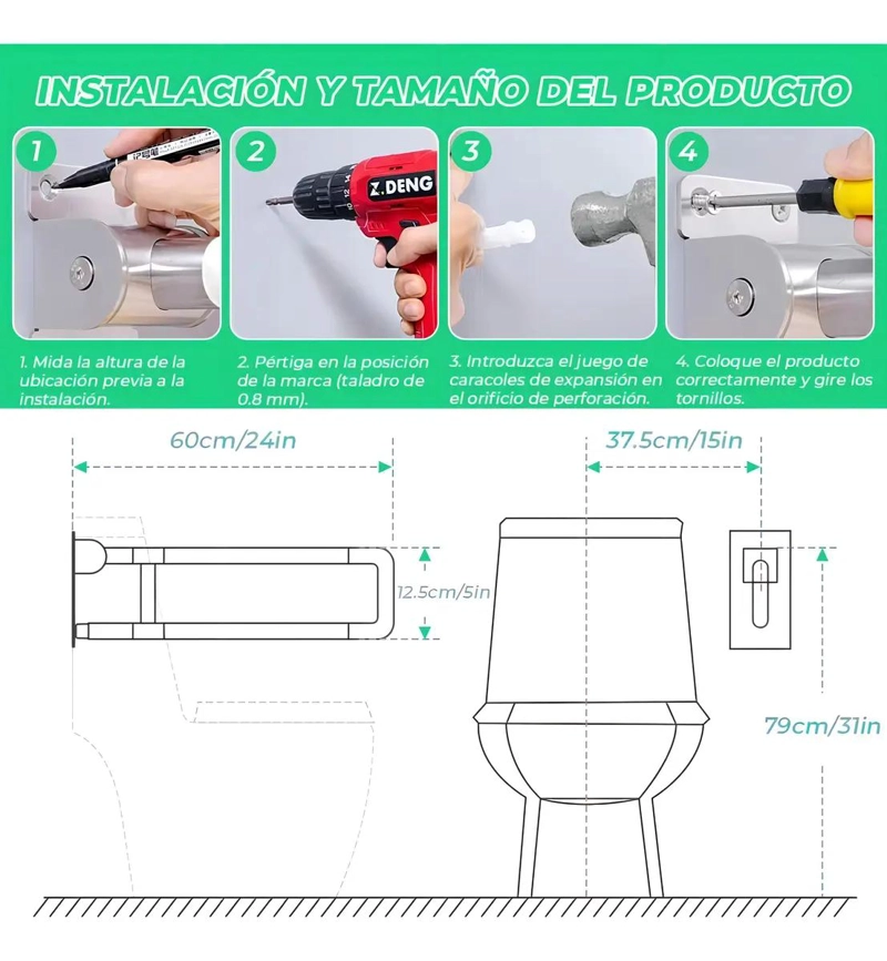 BARRA DE SEGURIDAD ABATIBLE ACERO INOX ANTIDESLIZANTE - 4