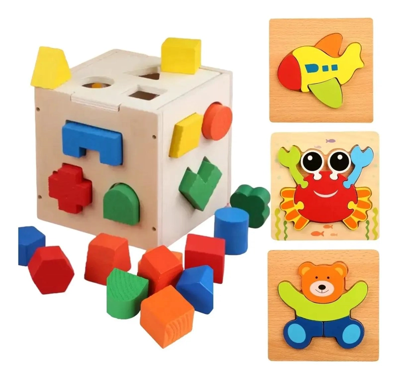 CUBO DE ENCAJE DIDACTICO DE MADERA CON 3 PUZZLES - 1