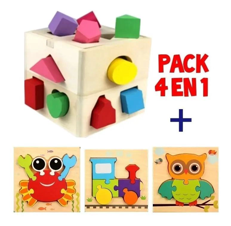 CUBO DE ENCAJE DIDACTICO DE MADERA CON 3 PUZZLES - 2