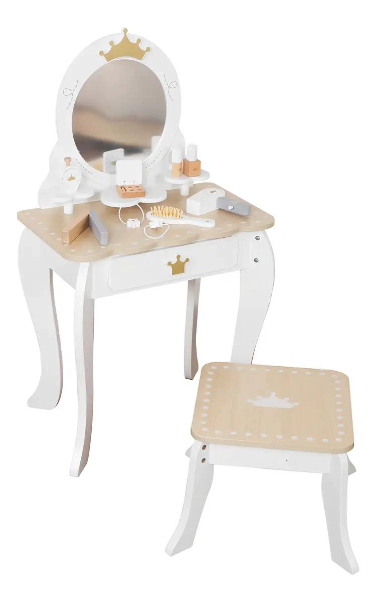 TOCADOR INFANTIL DE MADERA CON ESPEJO Y SET DE MAQUILLAJE - 1