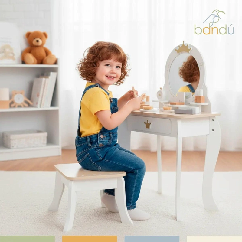 TOCADOR INFANTIL DE MADERA CON ESPEJO Y SET DE MAQUILLAJE - 2