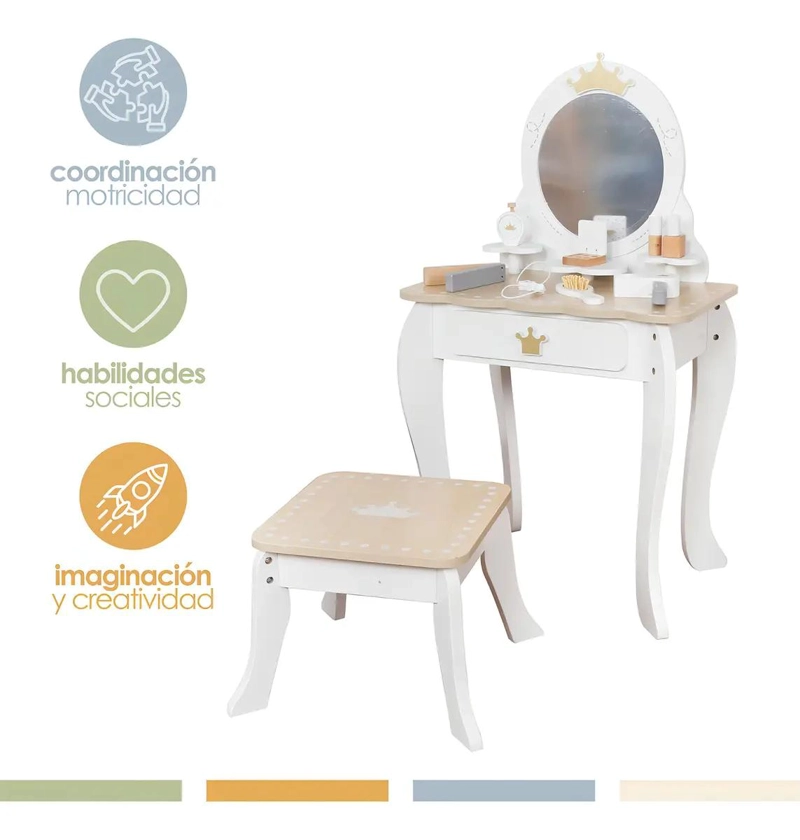 TOCADOR INFANTIL DE MADERA CON ESPEJO Y SET DE MAQUILLAJE - 3