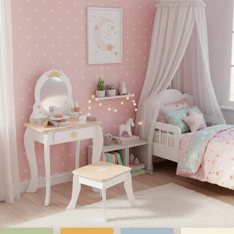 TOCADOR INFANTIL DE MADERA CON ESPEJO Y SET DE MAQUILLAJE - 5