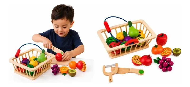 SET DE FRUTAS DE MADERA PARA CORTAR CON CANASTA Y CUCHILO - 1