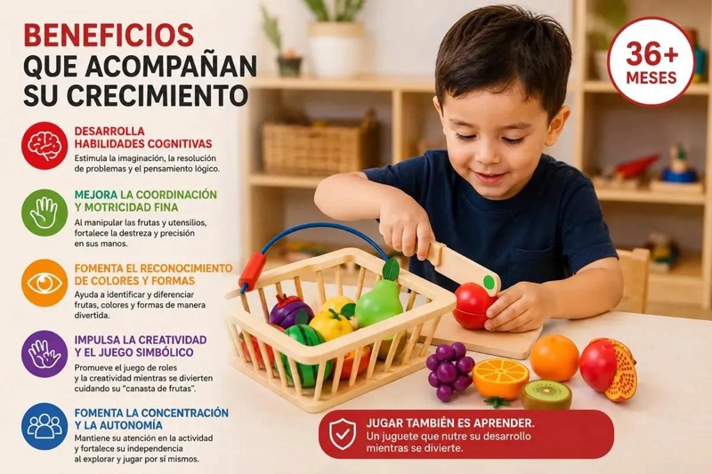 SET DE FRUTAS DE MADERA PARA CORTAR CON CANASTA Y CUCHILO - 2