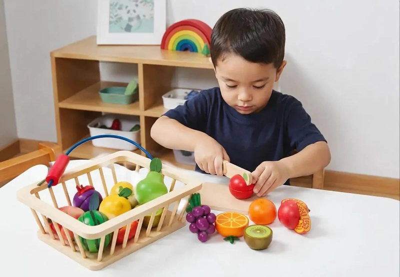 SET DE FRUTAS DE MADERA PARA CORTAR CON CANASTA Y CUCHILO - 3