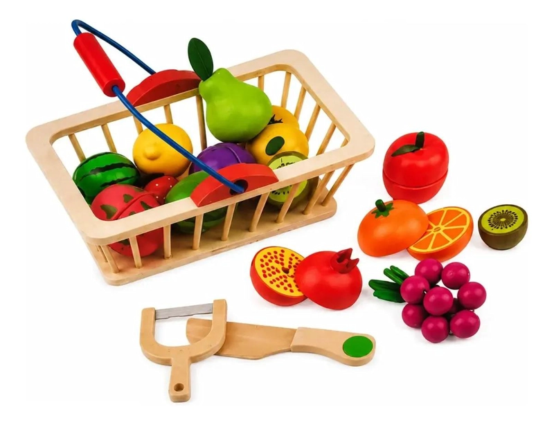 SET DE FRUTAS DE MADERA PARA CORTAR CON CANASTA Y CUCHILO - 4