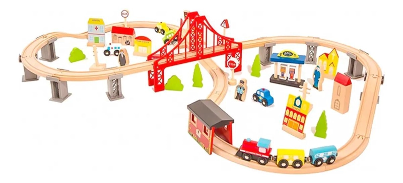 JUEGO DIDACTICO PISTA DE AUTOS Y TREN DE MADERA 70 PIEZAS - 1