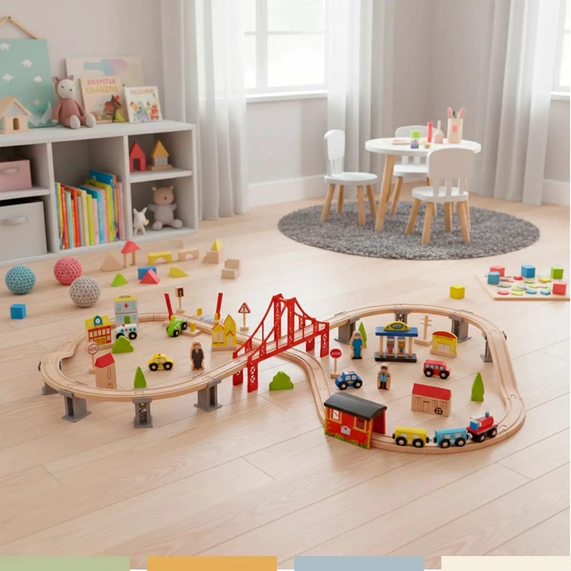 JUEGO DIDACTICO PISTA DE AUTOS Y TREN DE MADERA 70 PIEZAS - 2