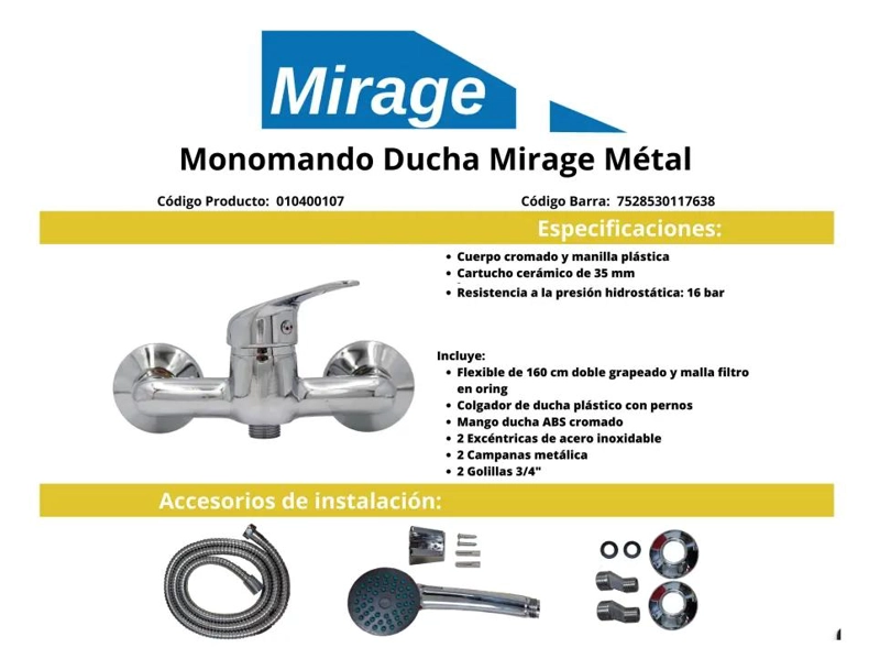 LLAVE MONOMANDO PARA DUCHA CROMADA CON ACCESORIOS - 2