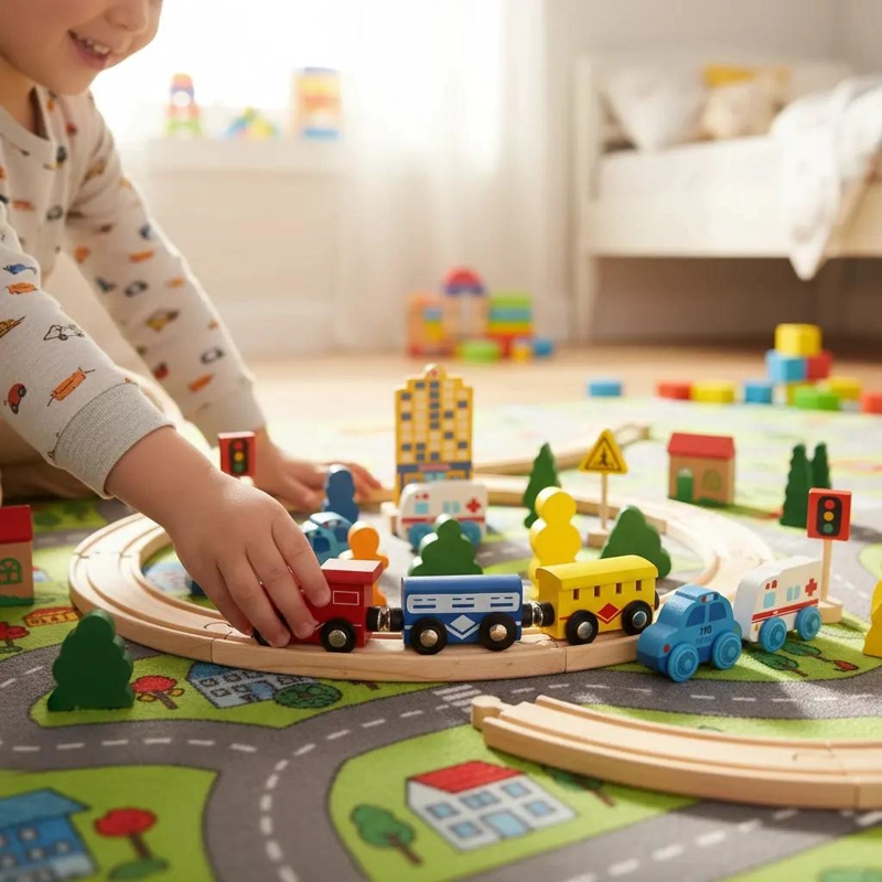 JUEGO DIDACTICO PISTA DE AUTOS Y TREN DE MADERA - 1
