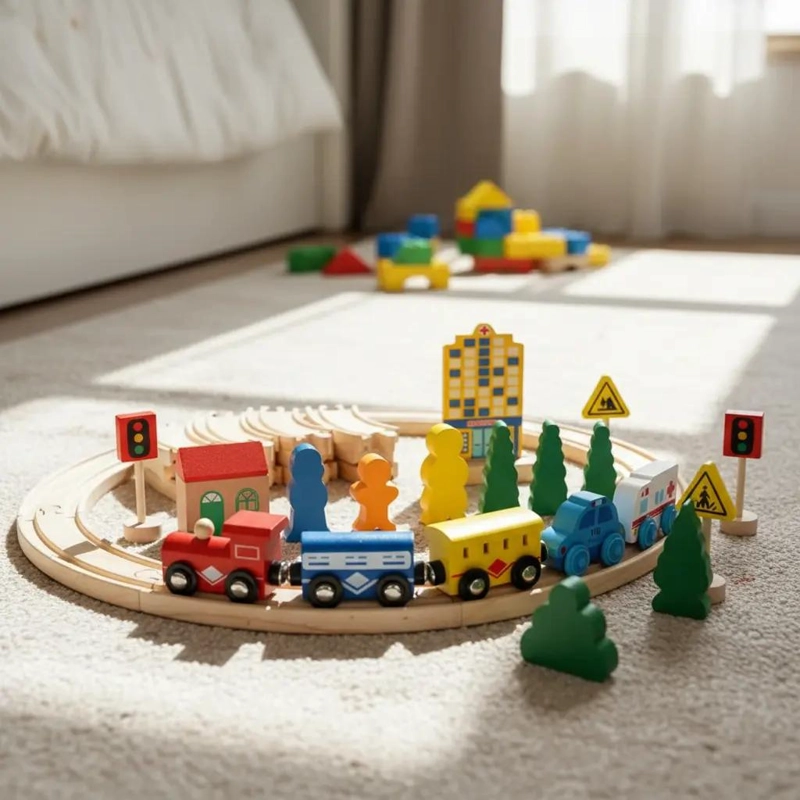 JUEGO DIDACTICO PISTA DE AUTOS Y TREN DE MADERA - 2