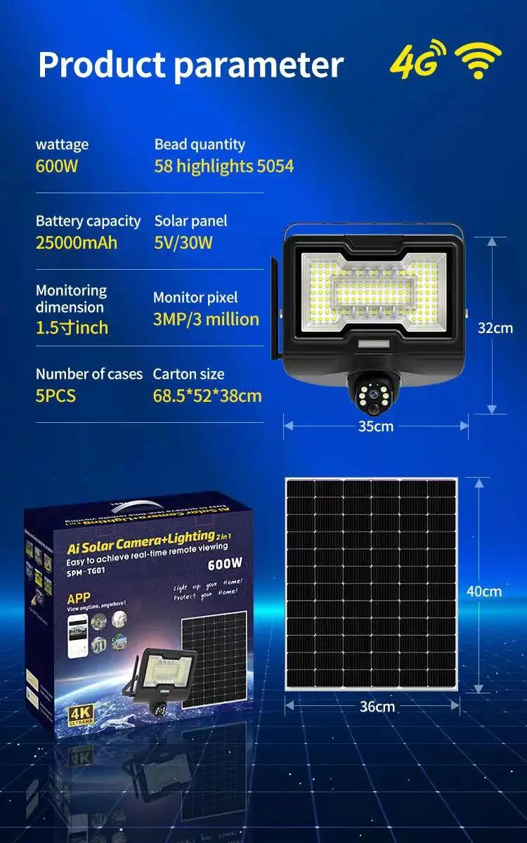 REFLECTOR SOLAR RECARGABLE CON CAMARA WIFI 600W - 4