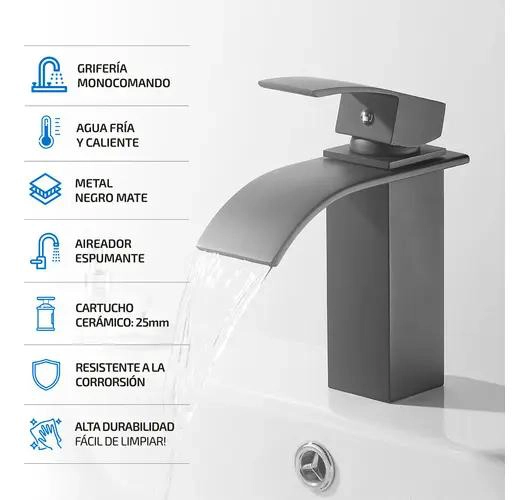 GRIFERIA MONOMANDO CASCADA PARA LAVABO NEGRO - 5
