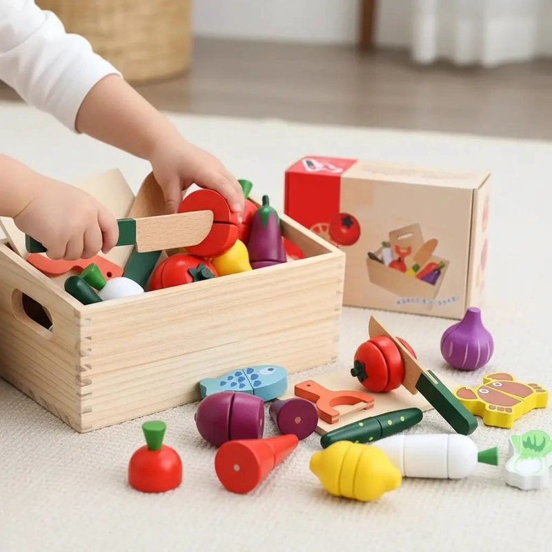JUEGO DIDACTICO DE MADERA CORTA FRUTAS Y VEGETALES CON CI - 1