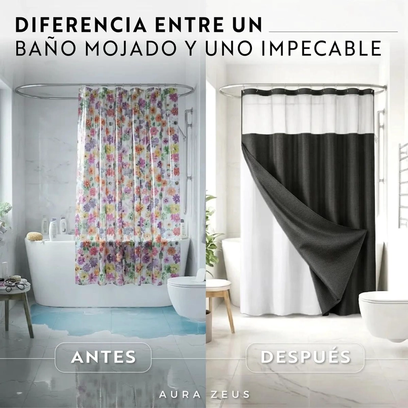 CORTINA DE BAÑO IMPERMEABLE CON FORRO REMOVIBLE - 2