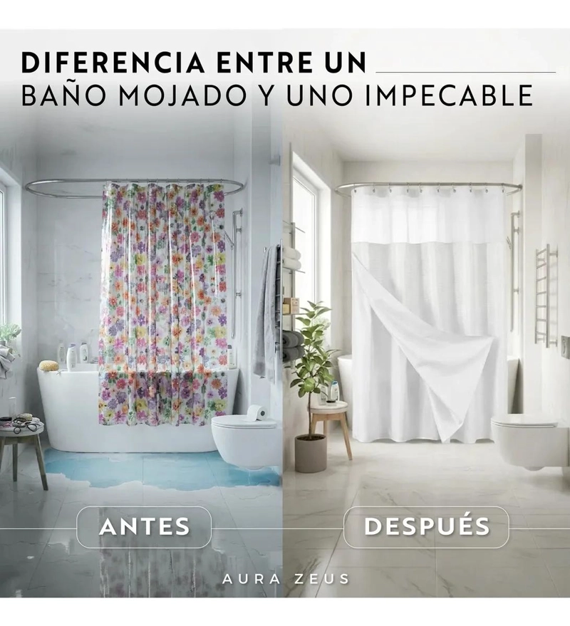 CORTINA DE BAÑO IMPERMEABLE CON FORRO REMOVIBLE - 2