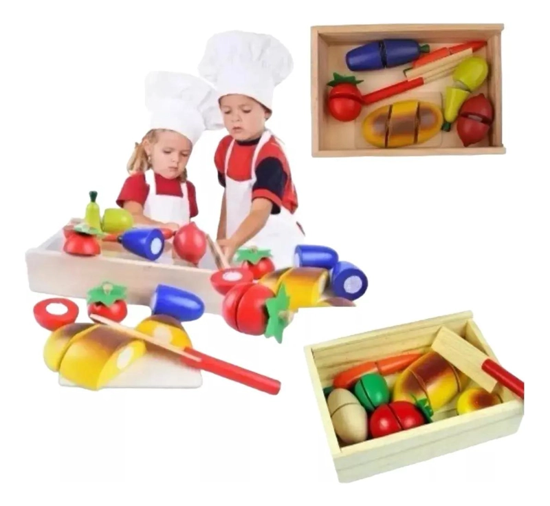 PACK 2 COCINA JUGUETE DE MADERA CON FRUTAS Y VEGETALES - 1
