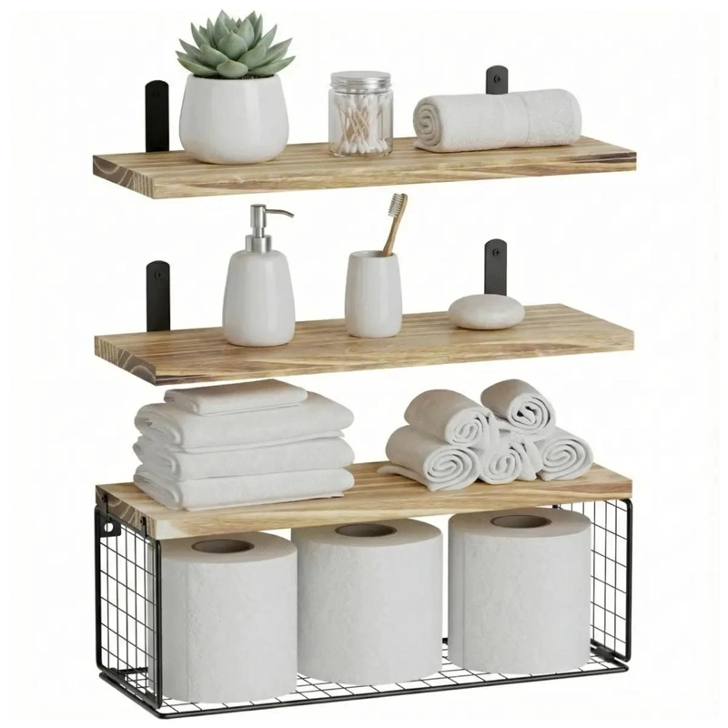 REPISAS FLOTANTES DE MADERA PINO NATURAL CON SOPORTE META - 1