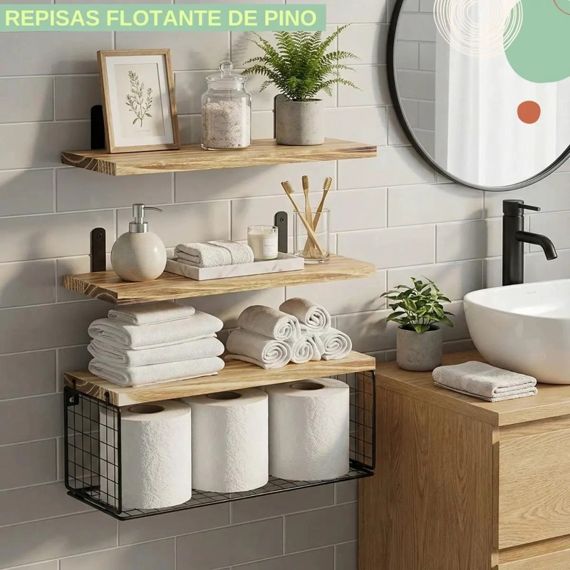 REPISAS FLOTANTES DE MADERA PINO NATURAL CON SOPORTE META - 2