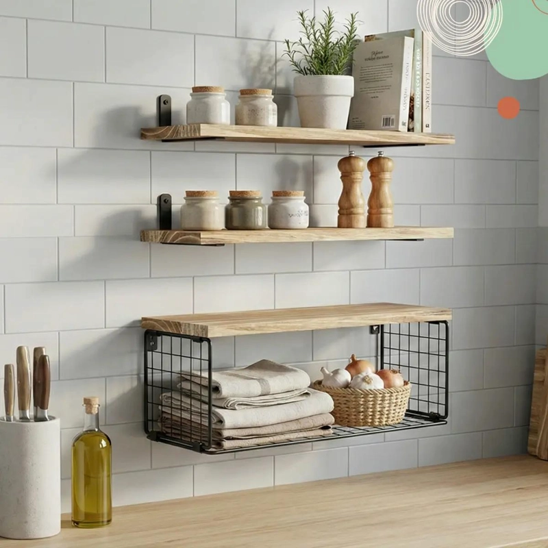 REPISAS FLOTANTES DE MADERA PINO NATURAL CON SOPORTE META - 3