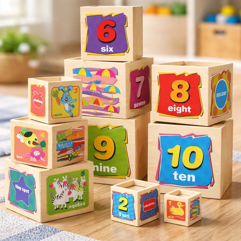 TORRE DE CUBOS DE MADERA PARA ENCAJE Y JUEGO EDUCATIVO - 1