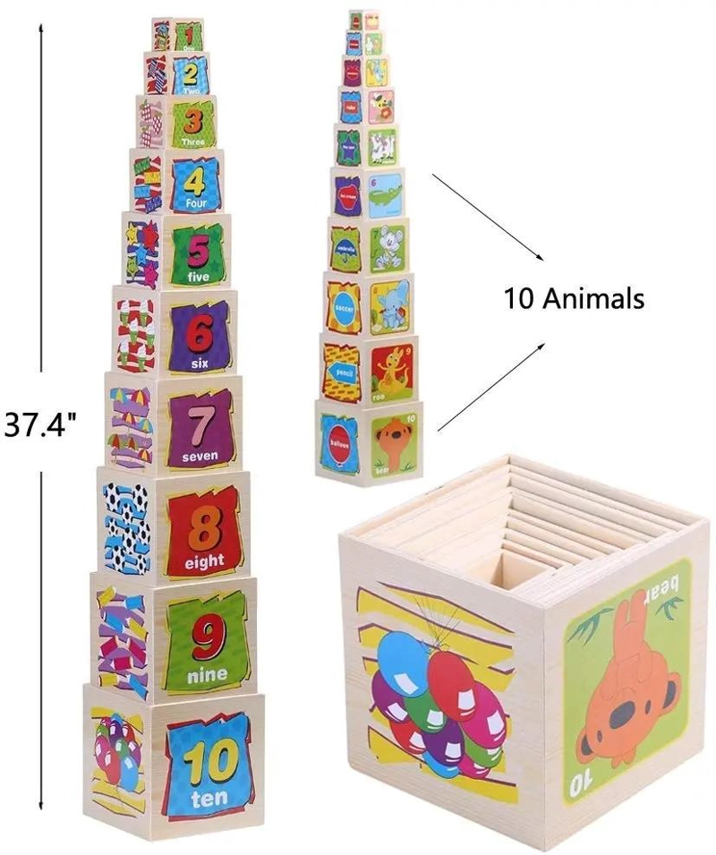 TORRE DE CUBOS DE MADERA PARA ENCAJE Y JUEGO EDUCATIVO - 2