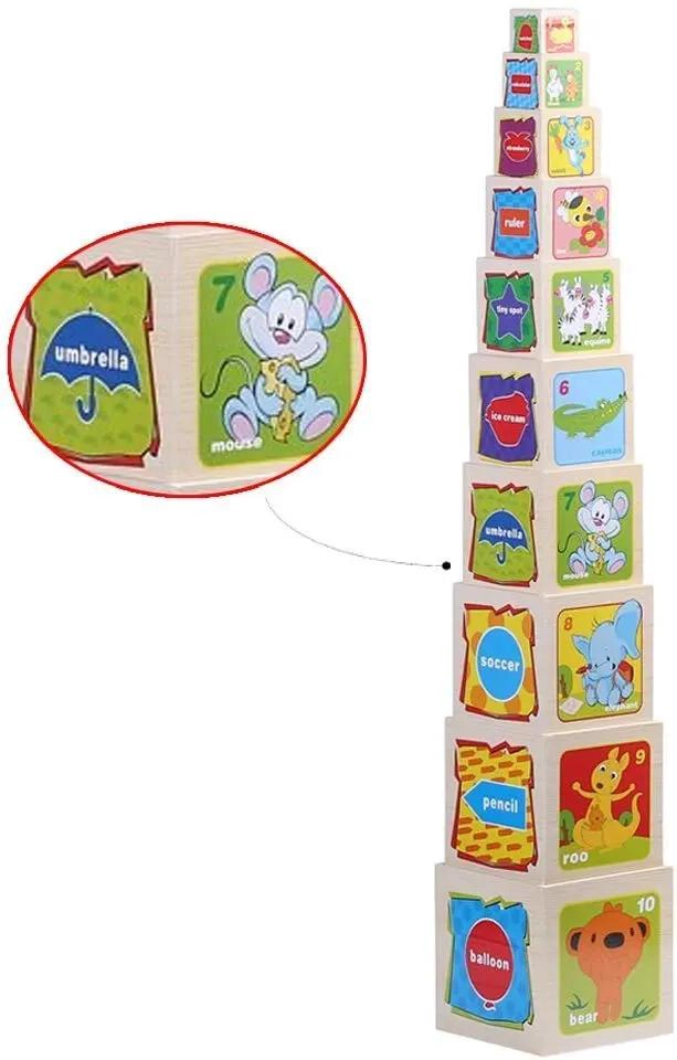 TORRE DE CUBOS DE MADERA PARA ENCAJE Y JUEGO EDUCATIVO - 3