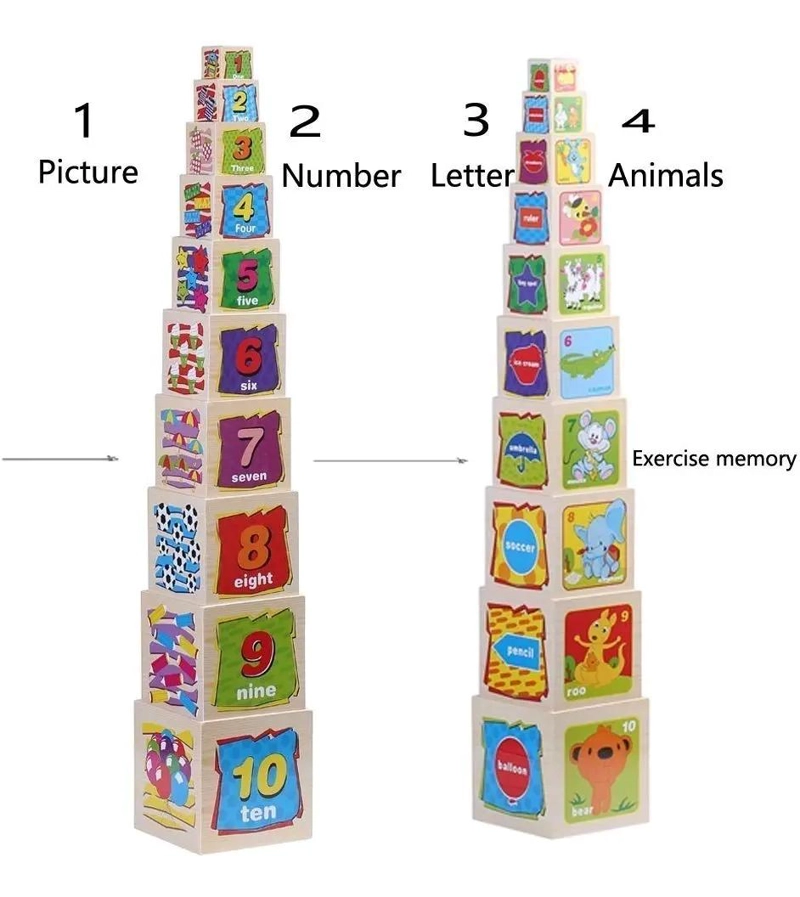 TORRE DE CUBOS DE MADERA PARA ENCAJE Y JUEGO EDUCATIVO - 4