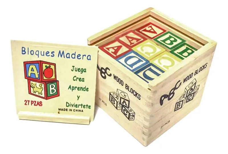 CUBO DE MADERA CON 27 PIEZAS DE LETRAS Y NUMEROS - 1