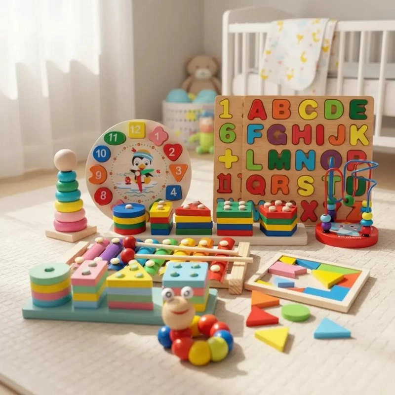 SET 10 JUGUETES DIDACTICOS DE MADERA MONTESSORI PARA NIÑ - 1