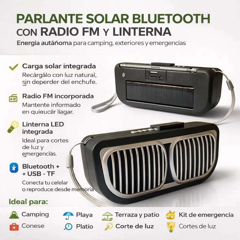 PARLANTE BLUETOOTH PORTATIL CON LUZ SOLAR Y RADIO - 2
