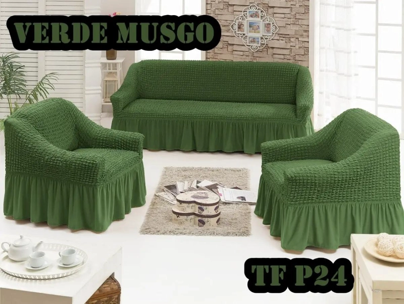 FUNDA PARA JUEGO DE SILLONES 3+1+1 VERDE MUSGO ALGODON - 2