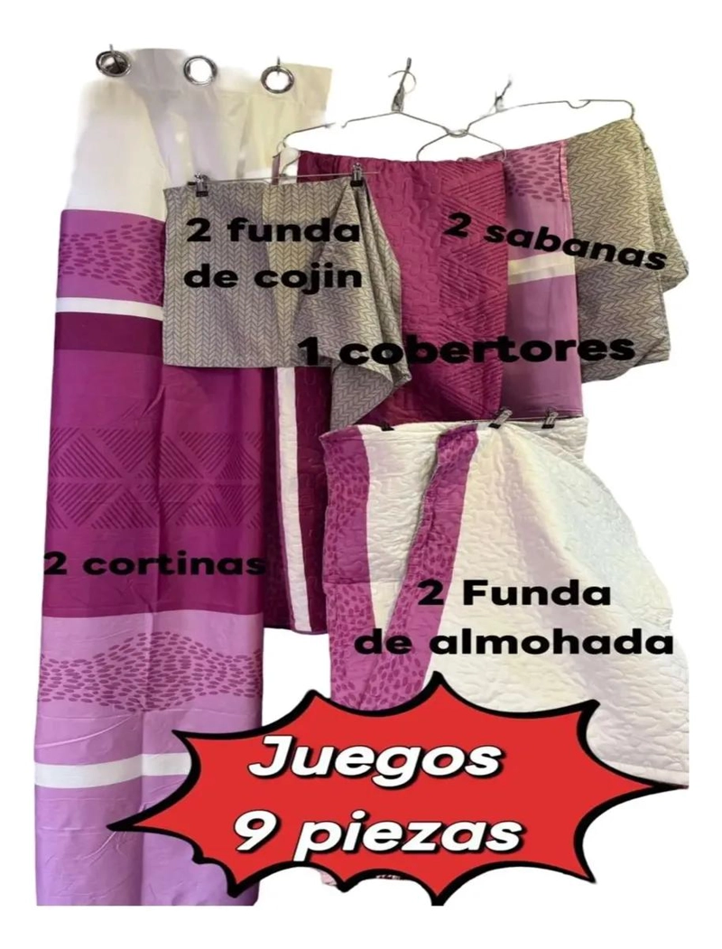 COBERTOR 9 PIEZAS PARA CAMA 2 PLAZAS CON CORTINA - 5
