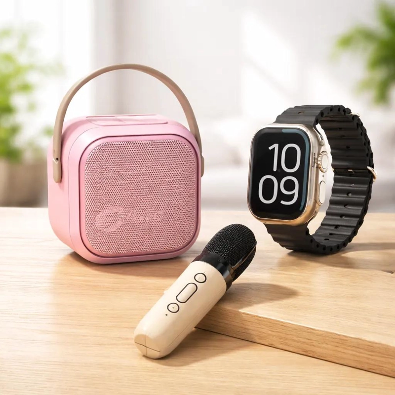 MINI PARLANTE PORTATIL 7 EN 1 CON MICROFONO Y RELOJ - 1