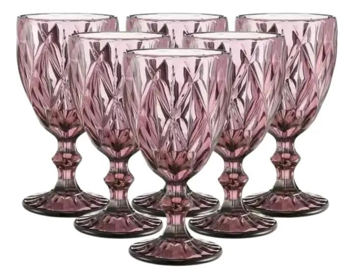 JUEGO DE 6 COPAS DE CRISTAL LABRADO COLOR ROSA - 1