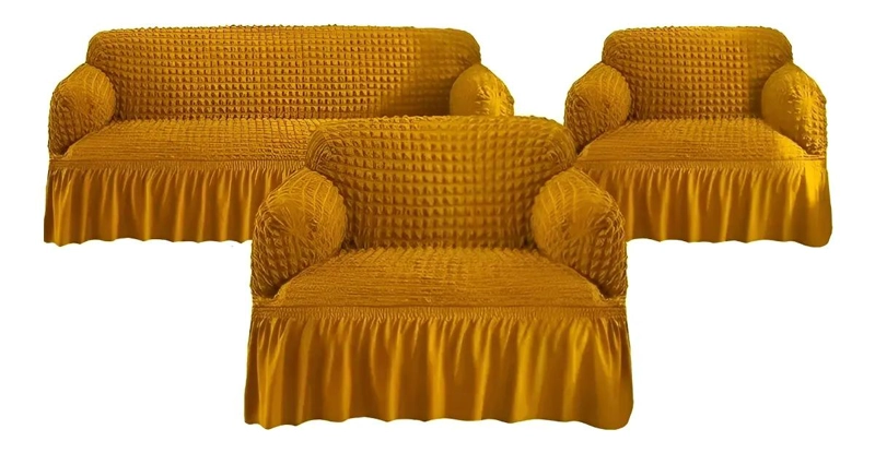 FUNDA PARA SOFA 3+1+1 CUERPOS ALGODON ELASTIZADO MOSTAZA - 1