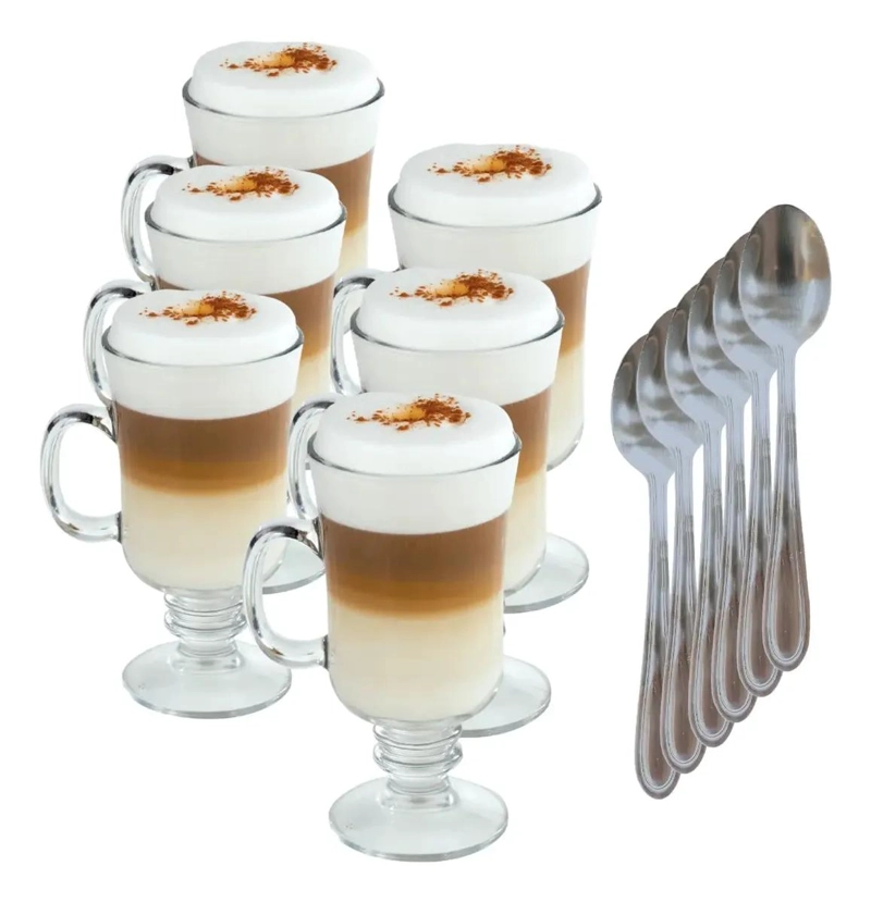 SET 6 TAZAS VIDRIO PARA CAFE  CAPUCHINO 250ML CON CUCHARAS - 1