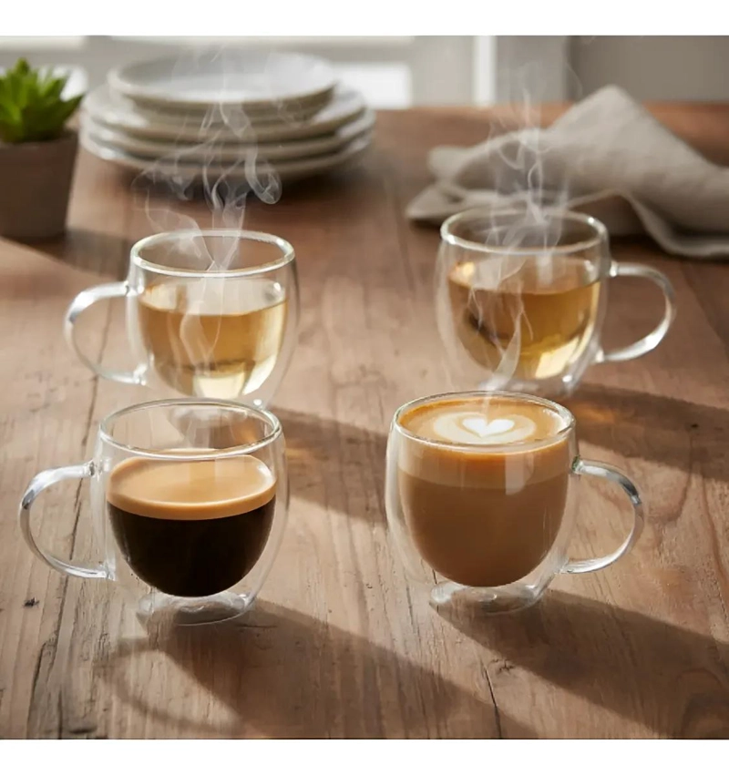 SET 4 TAZAS DOBLE PARED VIDRIO 250ML PARA CAFE  Y TE - 1