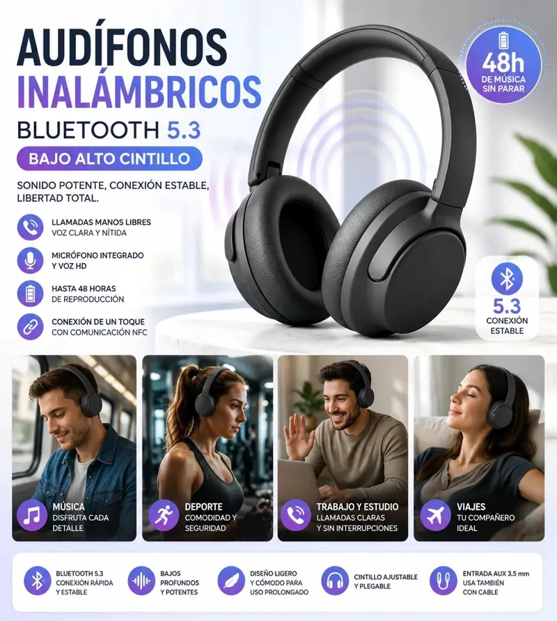 AUDIFONOS INALAMBRICOS BLUETOOTH 5.3 CON ALTO RENDIMIENTO - 1