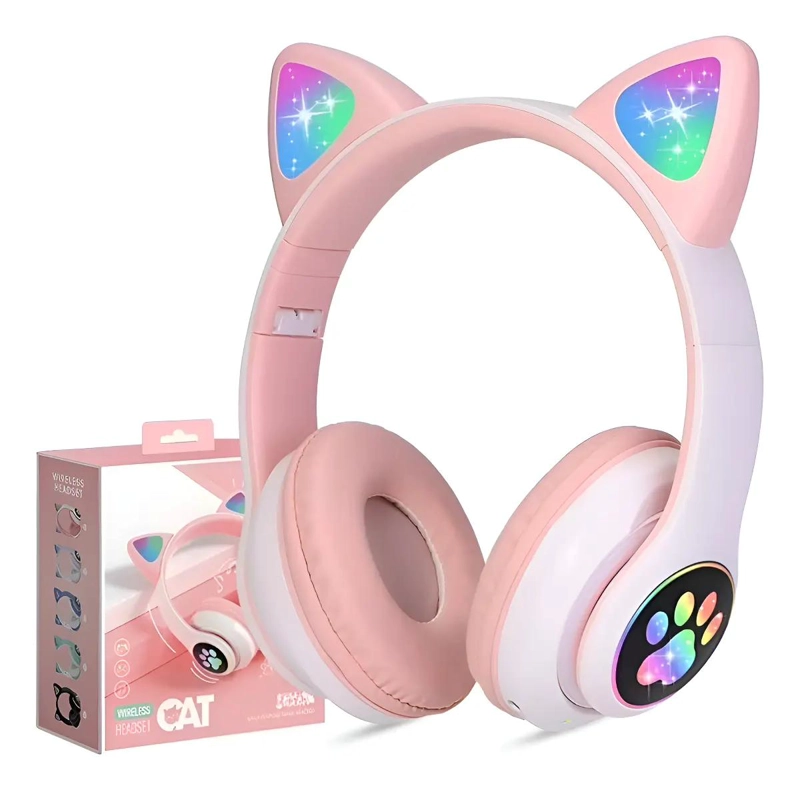 AUDIFONOS BLUETOOTH INALAMBRICOS OREJAS DE GATO RGB ROSA - 1