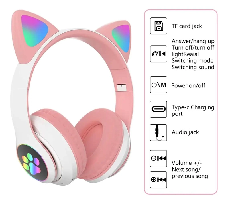 AUDIFONOS BLUETOOTH INALAMBRICOS OREJAS DE GATO RGB ROSA - 3